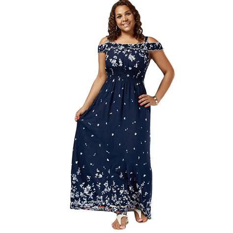 Plus Size Floral Print Cold Shoulder Maxi Dress Women High Waist