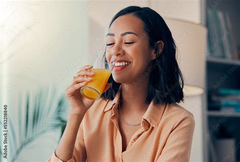 Orange Juice Drink And Happy Black Woman Relax While Drinking Health Liquid Or Organic Fruit