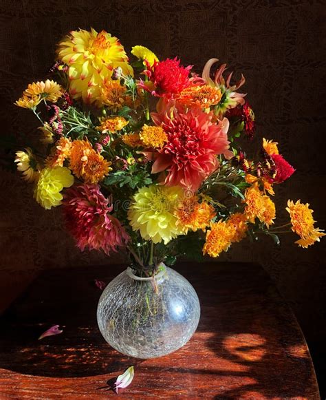 Bright Romantic Bouquet Of Colorful Dahlias And Chrysanthemums In