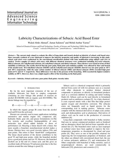 PDF Lubricity Characterizations Of Sebacic Acid Based Ester