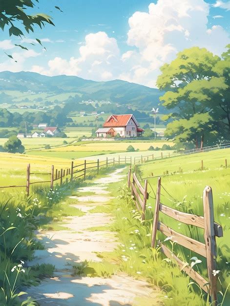 Anime scenery of a country road with a farm and a house generative ai ...