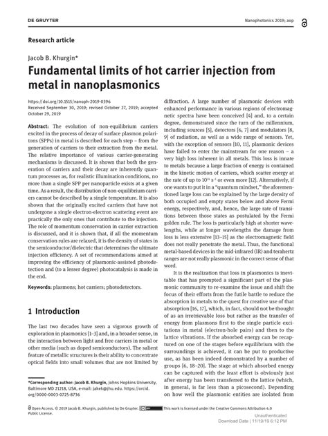 PDF Fundamental Limits Of Hot Carrier Injection From Metal In Nanoplasmonics