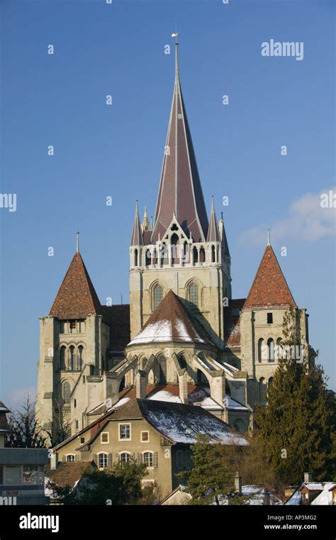 Switzerland Vaud Lausanne Cathedral Tower Winter Morning Stock