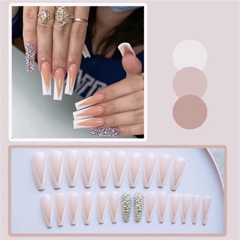 Kamize French Tips Press On Nails Long White Luxury False Nails 24pcs Stylish Coffin