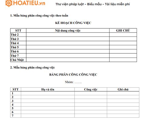 Mẫu bảng phân công công việc 2021 Vuidulich vn