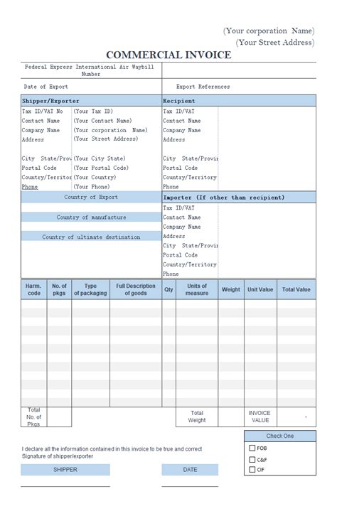 Fedex Commercial Invoice Printable