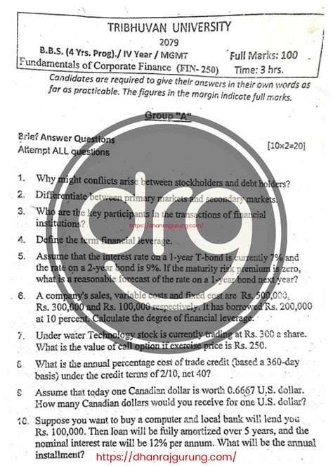 Fundamental Of Corporate Finance Question Paper 2079 Tu Bbs 4th Year