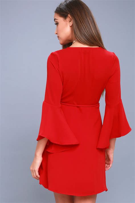 Chic Red Dress Wrap Dress Flounce Sleeve Dress