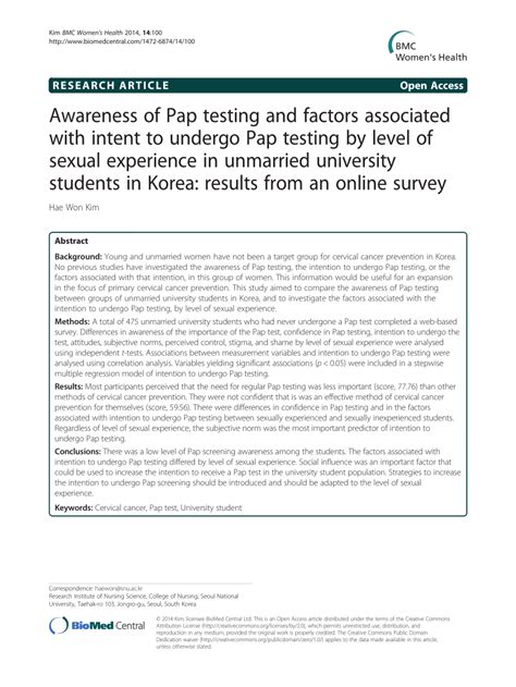 Pdf Awareness Of Pap Testing And Factors Associated With Intent To