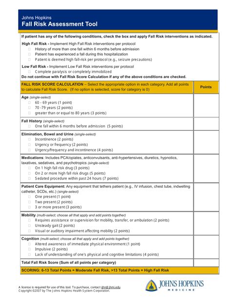 Fall Risk Assessment Tool The Johns Hopkins Health System Corporation Download Printable Pdf