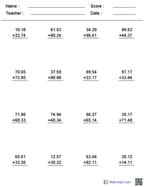 Free Math Decimal Worksheets