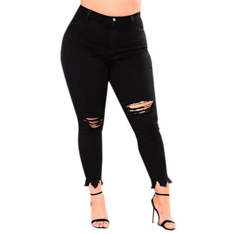 Women Plus Size Ripped Stretch Slim Denim Skinny Jeans Pants High Waist