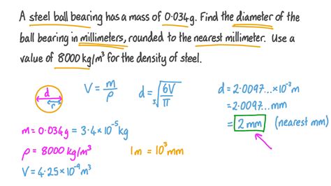 Question Video Finding The Diameter Of A Sphere Given Its Mass And