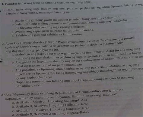 I Panuto Isulat Ang Letra Ng Tamang Sagot Sa Studyx