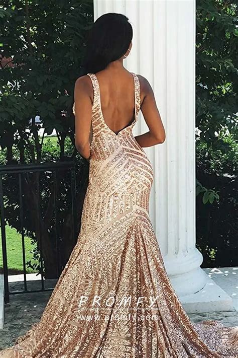 Rose Gold Striped Sequin V Neck Mermaid Prom Dress Promfy