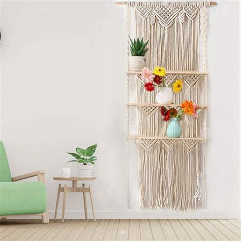 Boho Macrame Muur Opknoping Plank 3 Tier Handgemaa Grandado