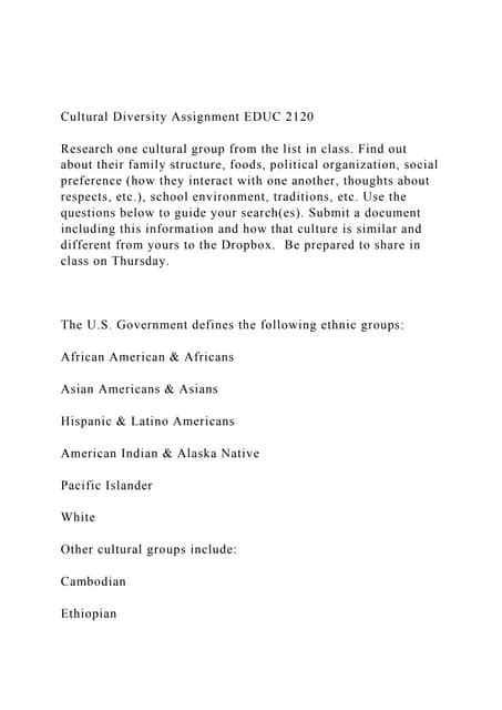 Cultural Diversity Assignment Educ 2120research One Cultural Docx