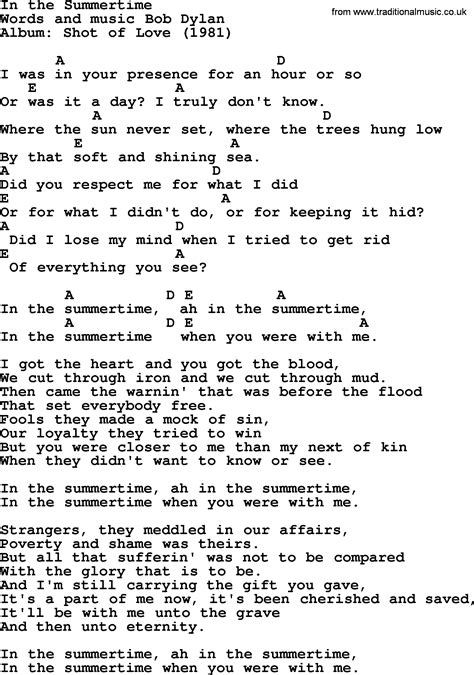 Bob Dylan Song In The Summertime Lyrics And Chords