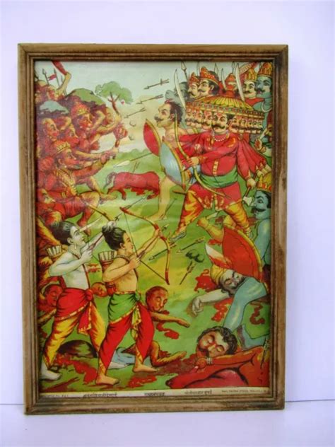 Antique Lithograph Print Oleograph Raja Ravi Varma Ram Ravan Yudh