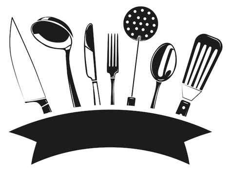 Logotipo De La Etiqueta De Cocina Utensilios De Cocina Con Cinta Negra