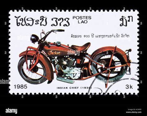 Postage Stamp From Laos Depicting Depicting An Indian Chief Motorcycle