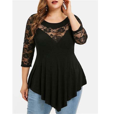 Buy PANT Plus Size Women Solid Floral Lace O Neck Asymmetric Three