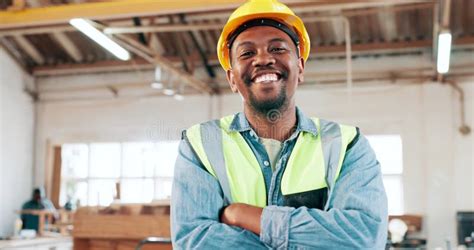 Face Engineer And Happy Black Man With Arms Crossed In Woodwork