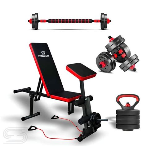 Kit Banqueta E Kit Halteres Barra Kettlebell Dumbell Pesos Consport