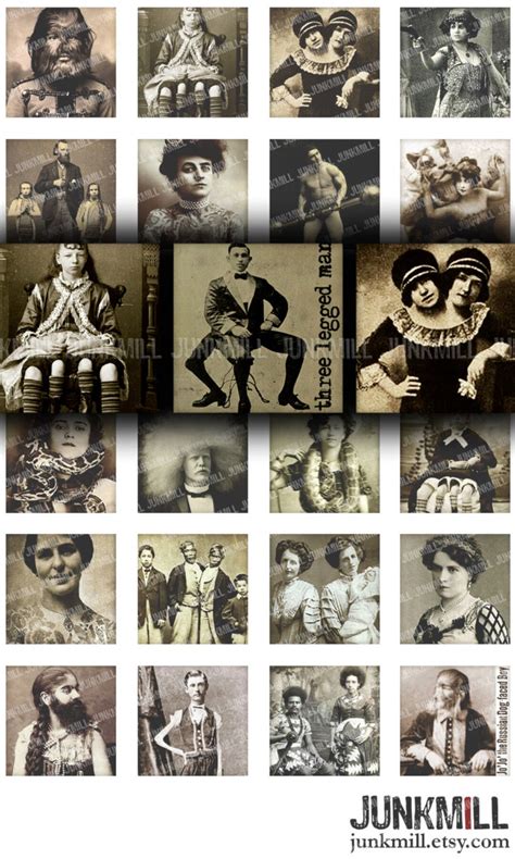 Human Oddities Digital Printable Collage Sheet 1x1 Inch Squares And Scrabble Tiles Vintage Circus