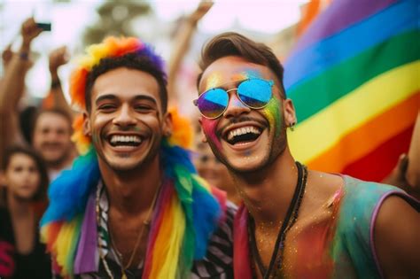 Premium Ai Image Smiling Couple Celebrating At Lgbtq Gay Pride Parade In Sao Paulo Pride Month