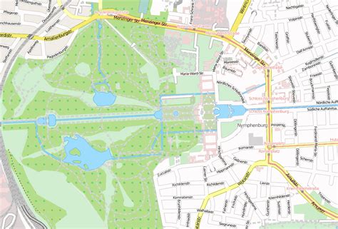 Schlosspark Nymphenburg Stadtplan mit Luftansicht und Unterkünften von