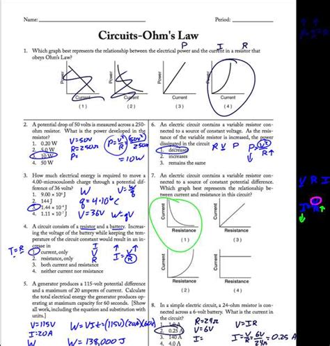 Mastering Ohm S Law A Comprehensive Worksheet With Answer Key