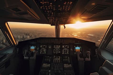 Cockpit of modern passenger jet aircraft. Pilots at work. Aerial view ...