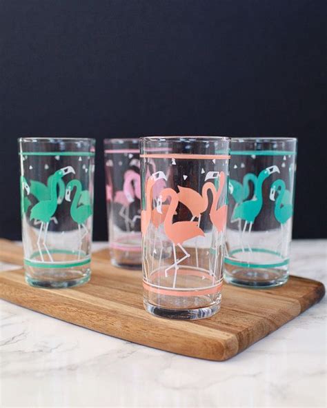 Set Of Four Vintage Flamingo Glasses By Libbey Multiple Sizes Available Flamingo Vintage