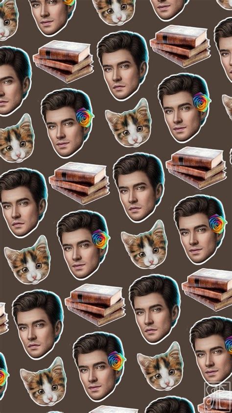 many pictures of the same man with books and a cat on his head are shown
