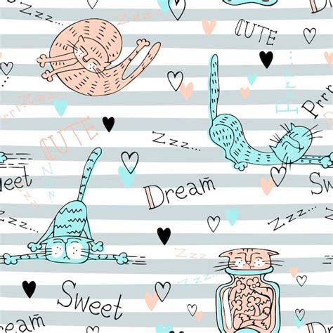 Premium Vector Cute Cats On Striped Seamless Pattern