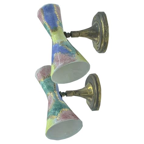 Pair Of Italian Midcentury Brushed Brass And Satin Glass Wall Sconces