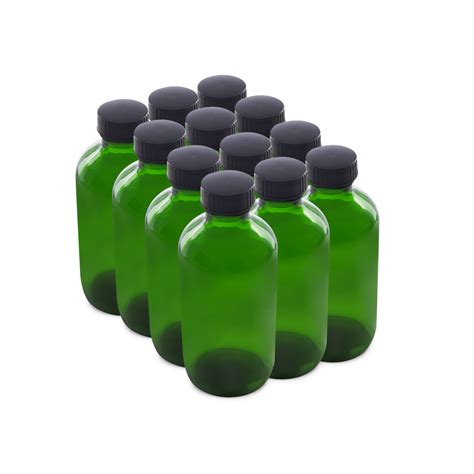 8 Oz Green Glass Boston Round Bottles With Black Lids 12 Pack