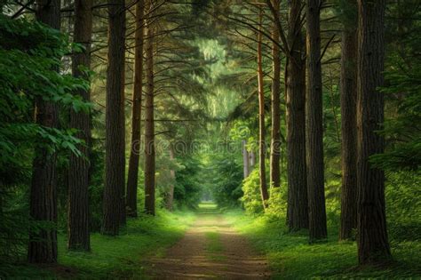 A Dirt Road Winds Through A Dense Forest With Towering Trees An