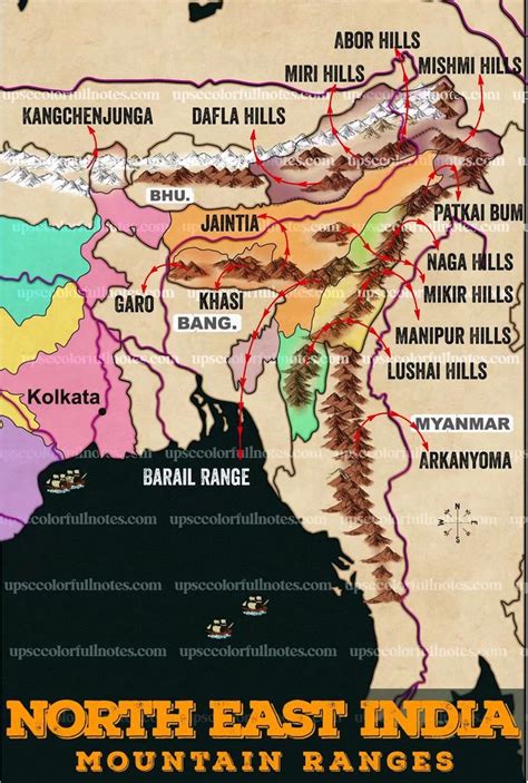 A Beautiful Purvanchal Hills Map 2023 Upsc Colorfull Notes