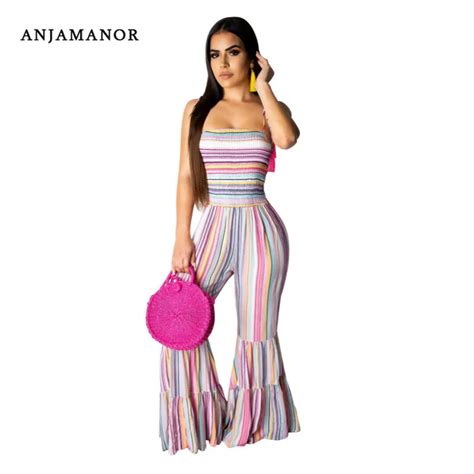 Anjamanor Colorful Striped Smocked Boot Cut Jumpsuit Women Summer Backless Sexy Rompers Beach