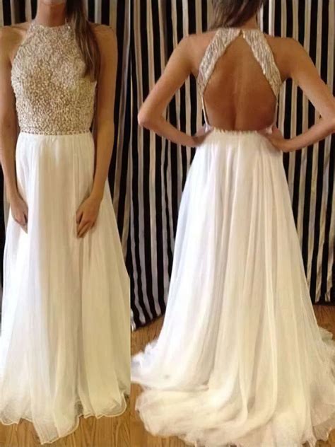 A Line Scoop Neck Chiffon Sweep Train Beading Prom Dresses