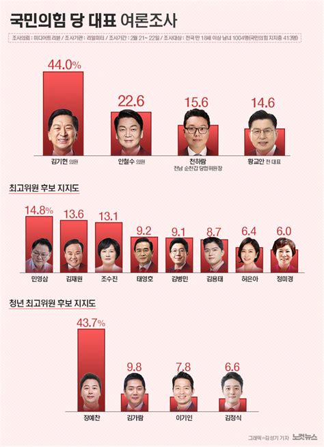 국민의힘 당대표 후보 지지율 金 44·安 226·千 156 그래픽뉴스 노컷뉴스