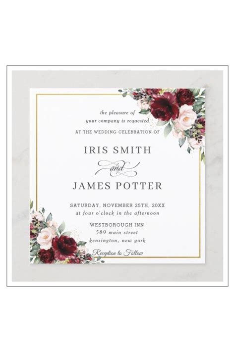 Classic Burgundy Blush Floral Gold Wedding Square Invitation Zazzle