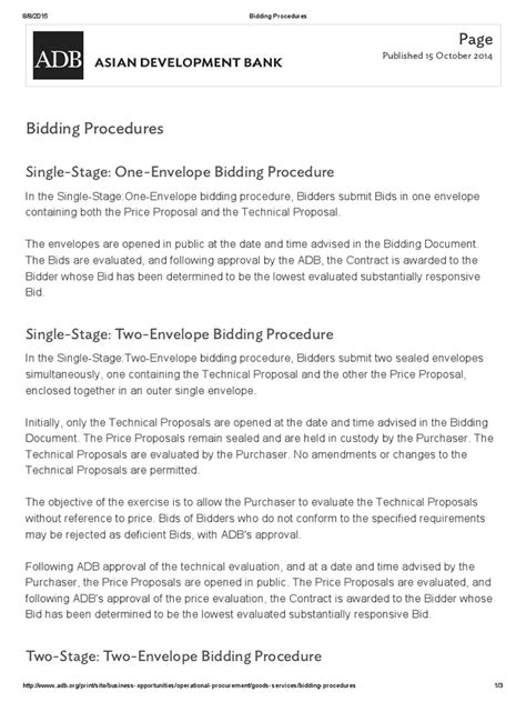 Bidding Procedures Single Stage One Envelope Bidding Procedure Pdf