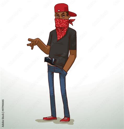 Vector Cartoon Image Of Black Man Criminal In Blue Jeans Black T Shirt