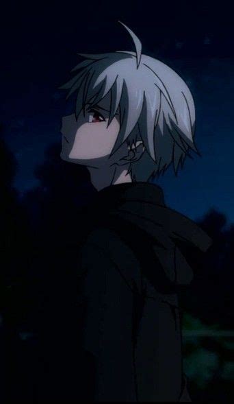 an anime character standing in the dark with his head turned to the side and eyes closed