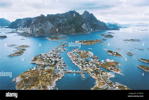 Henningsvaer Village Aerial View In Norway Lofoten Islands Landscape