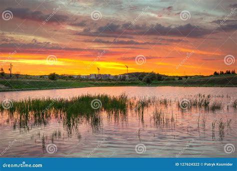 Amazing Sunset Over The Pond Stock Photo Image Of Summer Bright
