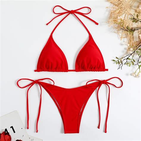 Buyisi Sexy Women G String Thong Solid Color Bikini Set Halter Tie Swimsuit Swimwear Red L